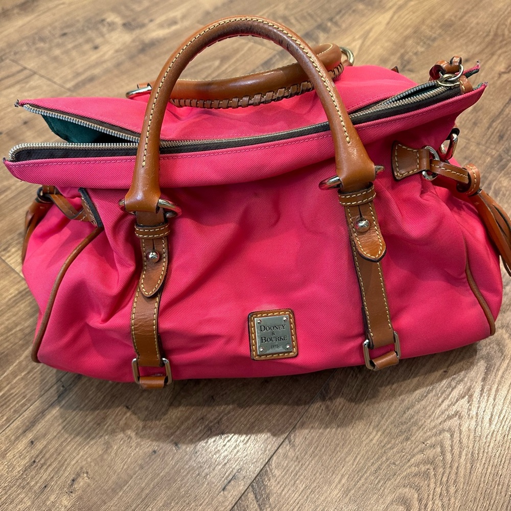 Dooney & Bourke Pink Satchel Bag Canvas Leather Tassel Zip Large Handbag